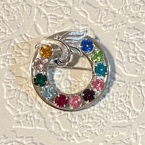 Vintage Van Dell Brooch Sterling Silver Multicolor Rhinestone Wreath Circle Pin